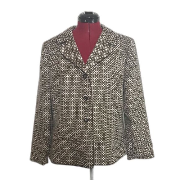 Le Suit Blazer Women's Size 16 Brown and Cream Patterned Long Sleeve 3-Button - Picture 8 of 9